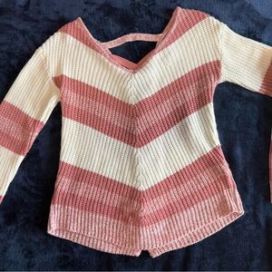 Striped V-Neck Sweater - Pink and white